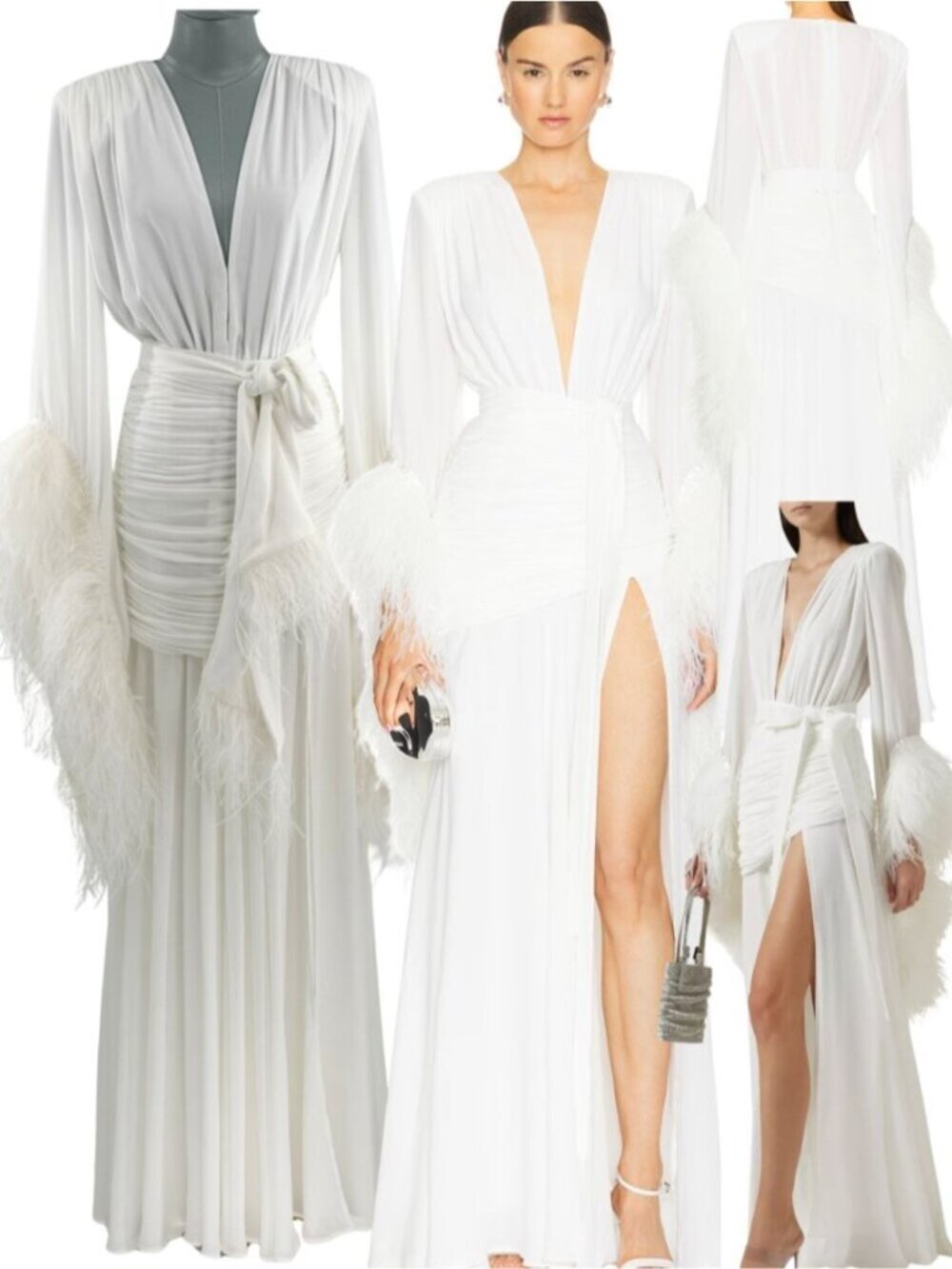 🆕 BRONX & BANCO 🧿 NWOT Geisha Blanc Feather-Trim Maxi Dress, White - Sz M US 6